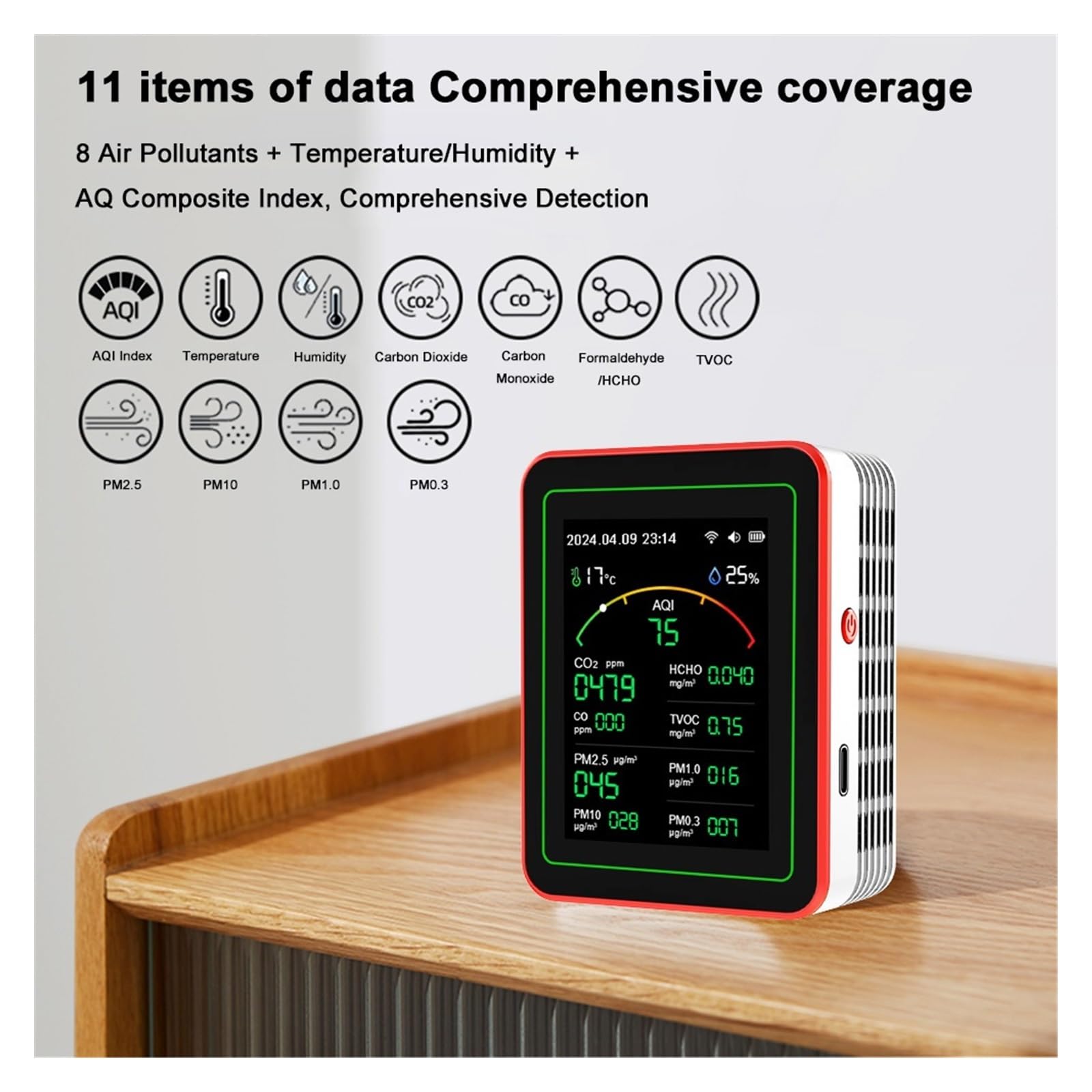 Air Quality Monitor, Rilevatore Di Qualità 'aria WiFi 15 In 1 CO CO2 PM0.3 PM1.0 PM2.5 PM10 Tester Portatile Misuratore Umidità A Temperatura(WHITE)