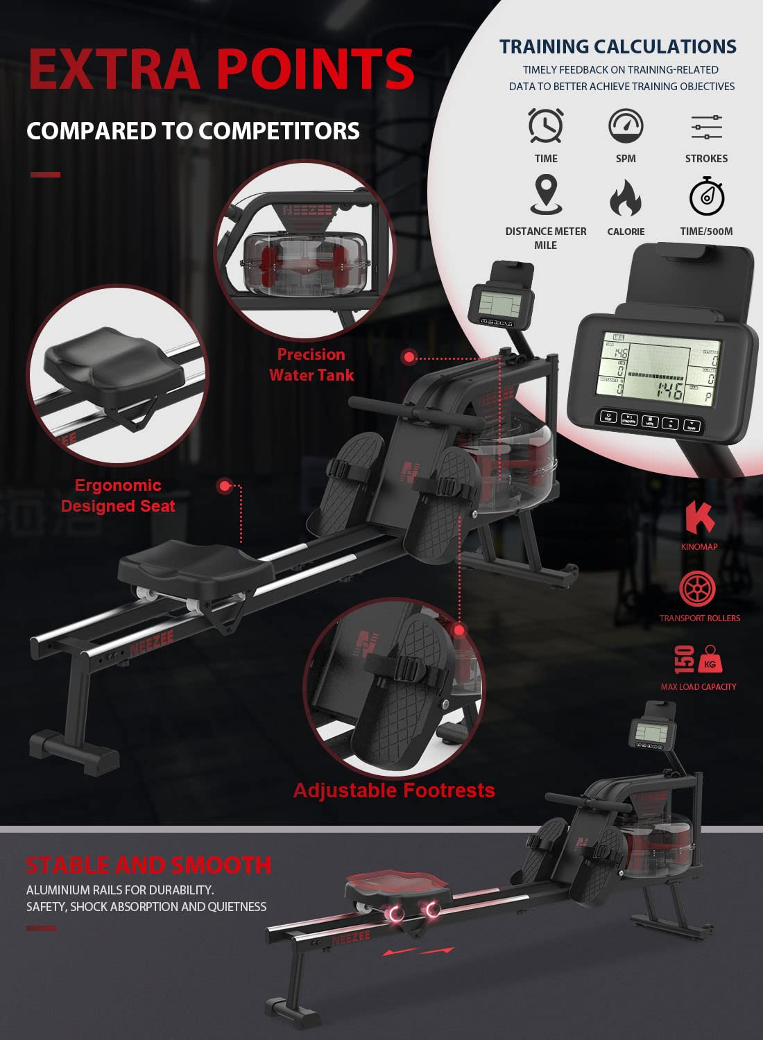 Neezee Rameur à Eau Avec Bluetooth – 150 Kg Max, Rangement Vertical, Pour Maison, Compatibilité Kinomap !