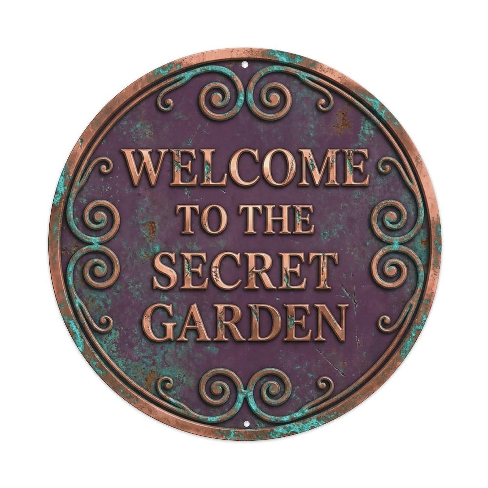 Vintage Welcome Secret Garden Copper Plum Spiral Metal Tin Sign