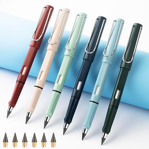 Credmate 6 lápices eternos, eternos, con borrador, y 6 puntas de repuesto, escritura ilimitada, reutilizable, fugu+mulandi