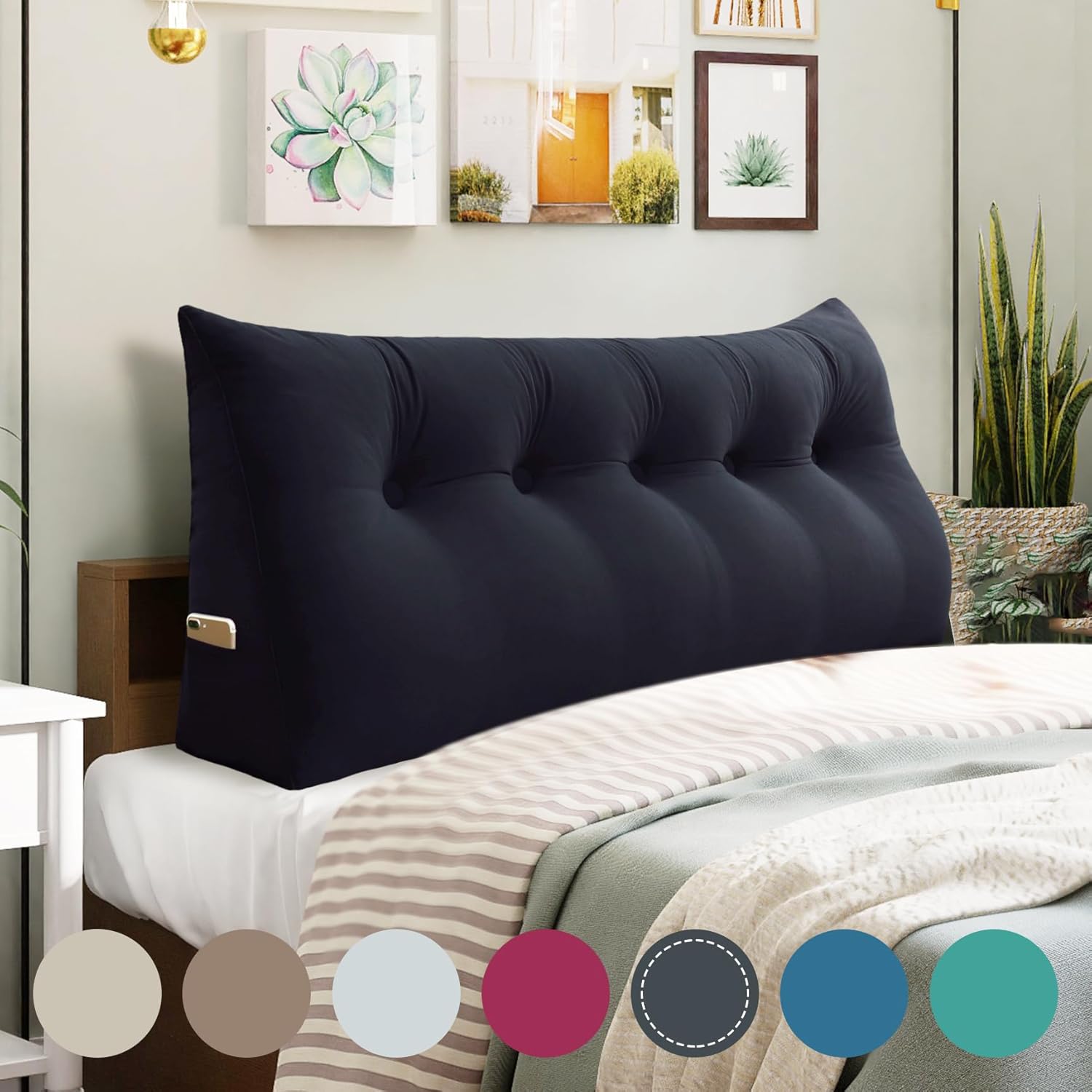 Almohada gruesa de cabecera tamaño Queen de 11 libras para sentarse en la cama, almohada de lectura de apoyo para la espalda con bolsillo lateral y