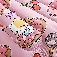 Vista 5 de QOOMO Edredón de Gato Kawaii Tamaño Full, Juego de Edredón de Gato Dona Cereza para Niños Adolescentes Niñas, Juego de Ropa de Cama de 3 Piezas