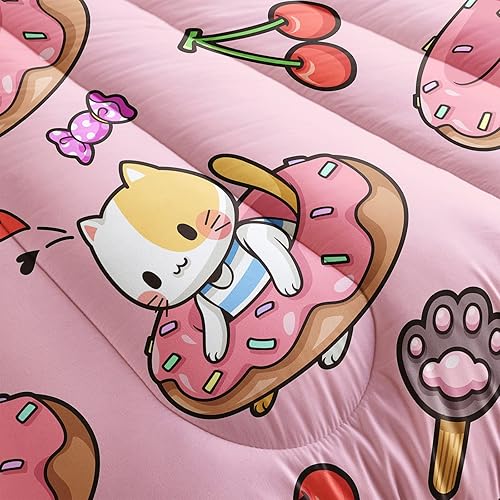 Miniatura 5 de QOOMO Edredón de Gato Kawaii Tamaño Full, Juego de Edredón de Gato Dona Cereza para Niños Adolescentes Niñas, Juego de Ropa de Cama de 3 Piezas