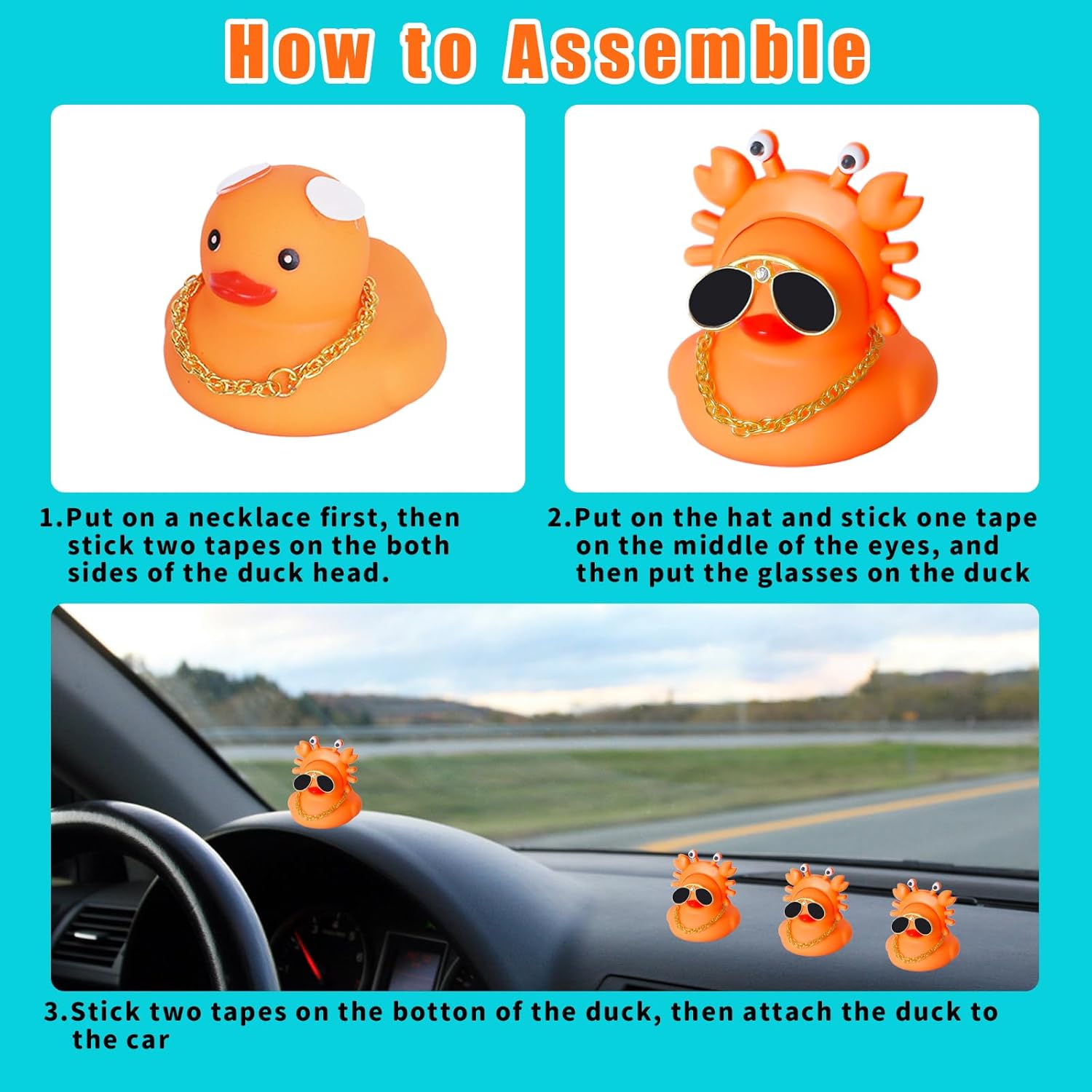 Car Rubber Duck with Orange Crab Hat Necklace and Sunglasses,Baby Bath Toys Car Dashboard Decorations Rubber Ducking Pool Beach Party Favors