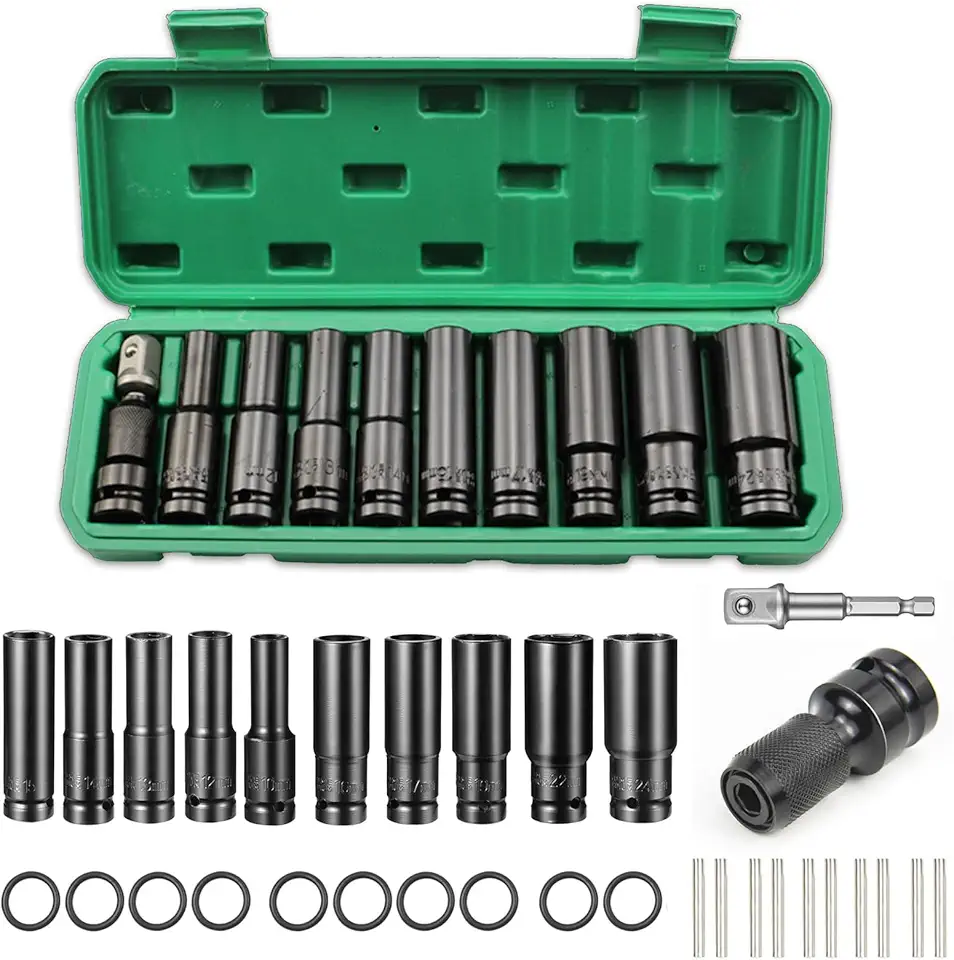 Jogo de Soquetes de Impacto 1/2 Profundos 11 Peças (10-24mm) - Cr-V - Alta Torque - Caixinha Organizadora - Ideal Carros e DIY