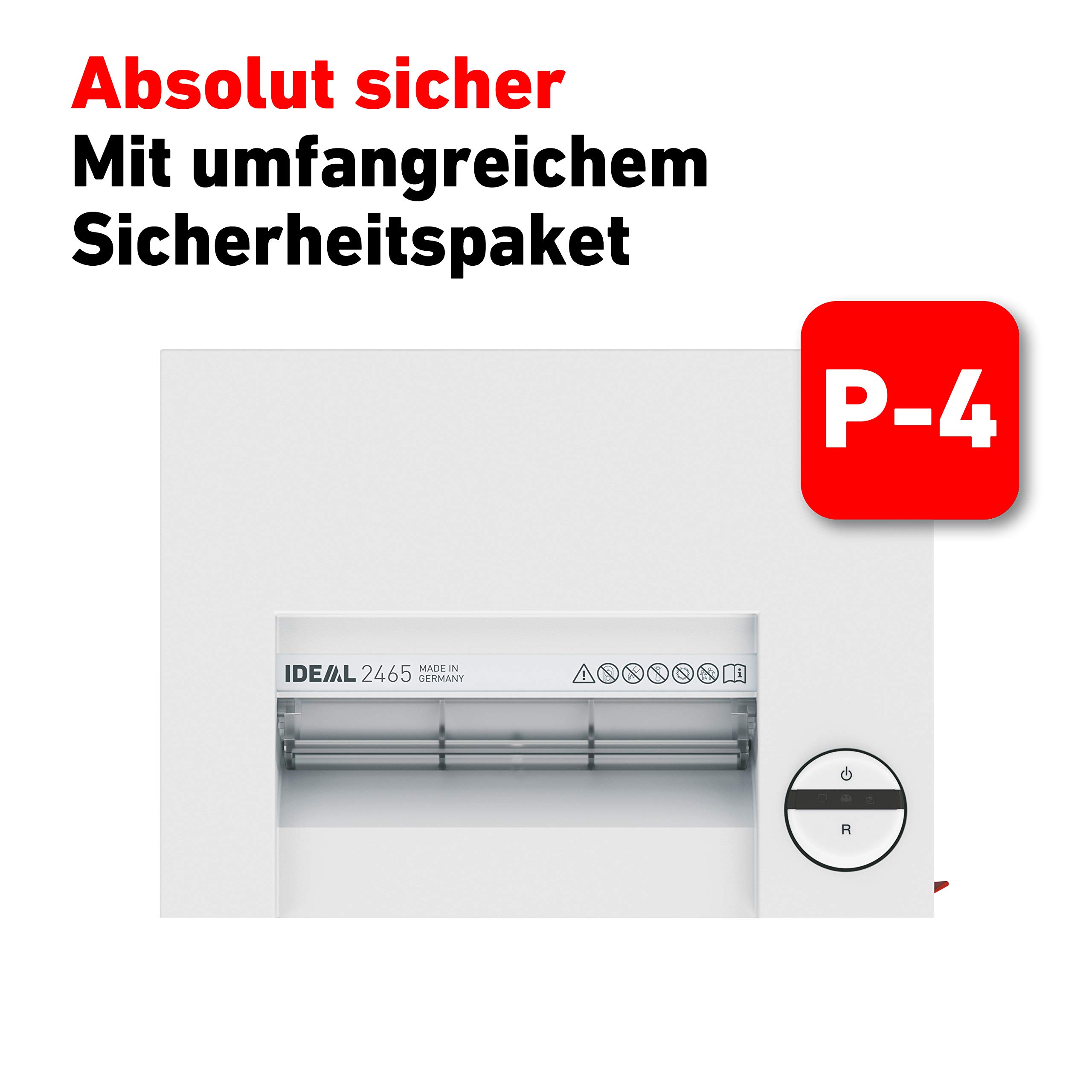 Aktenvernichter IDEAL 2465, Sicherheitsstufe P-4, Partikelschnitt/Kreuzschnitt 4 x 40 mm, 15 Blatt Kapazität, 35 L Abfallbehälter, DSGVO-konform, 5 Jahre Herstellergarantie | Made in Germany Papierschredder, vernichtet Büroklammern und Kreditkarten, 35L A