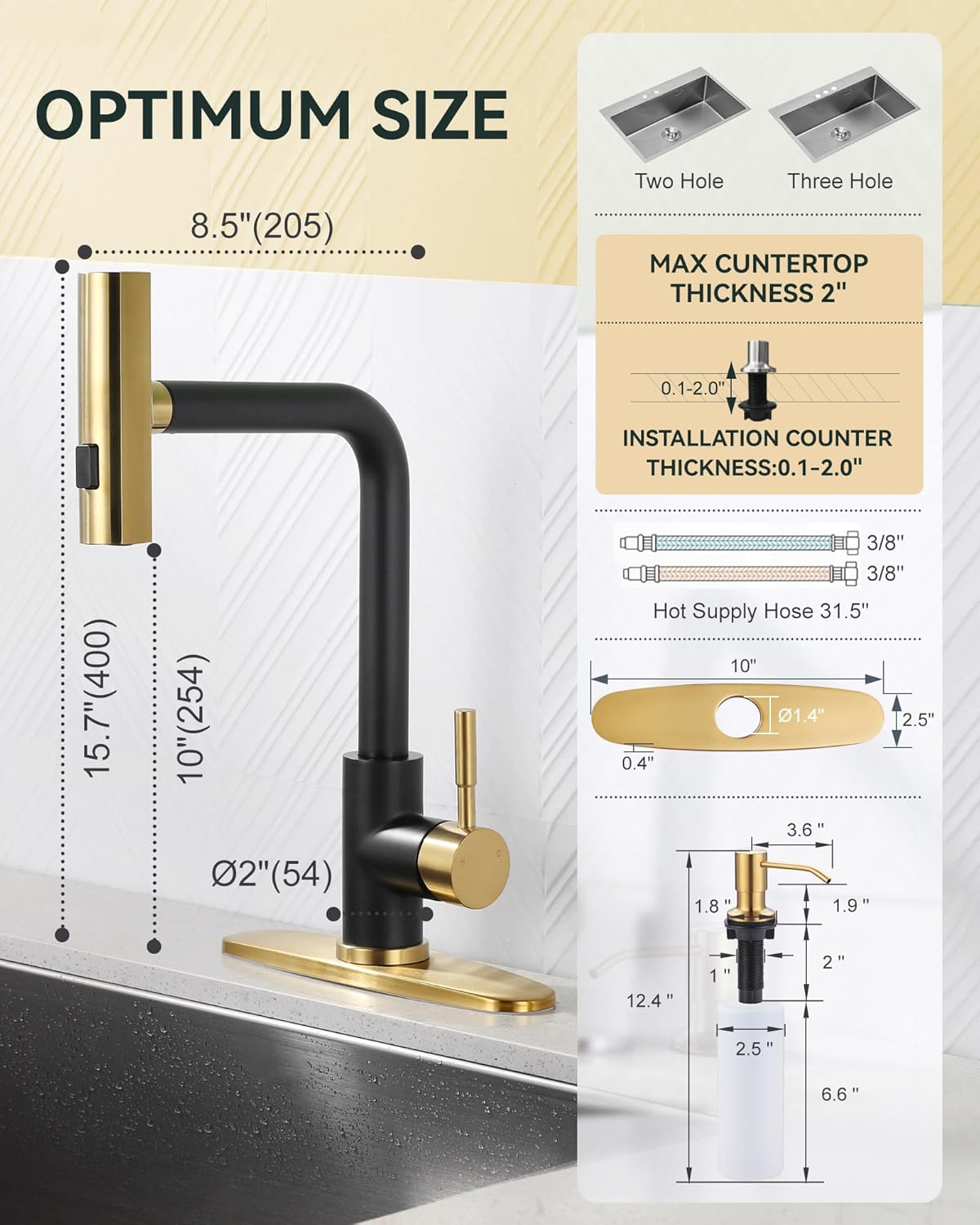 Waterfall Kitchen Faucet with Soap Dispenser: Black and Gold Kitchen Faucet with Pull Down Sprayer 3 Modes(Waterfall/Stream/Sweep), Stainless Steel Kitchen Faucets for Sink with Deck-Plate