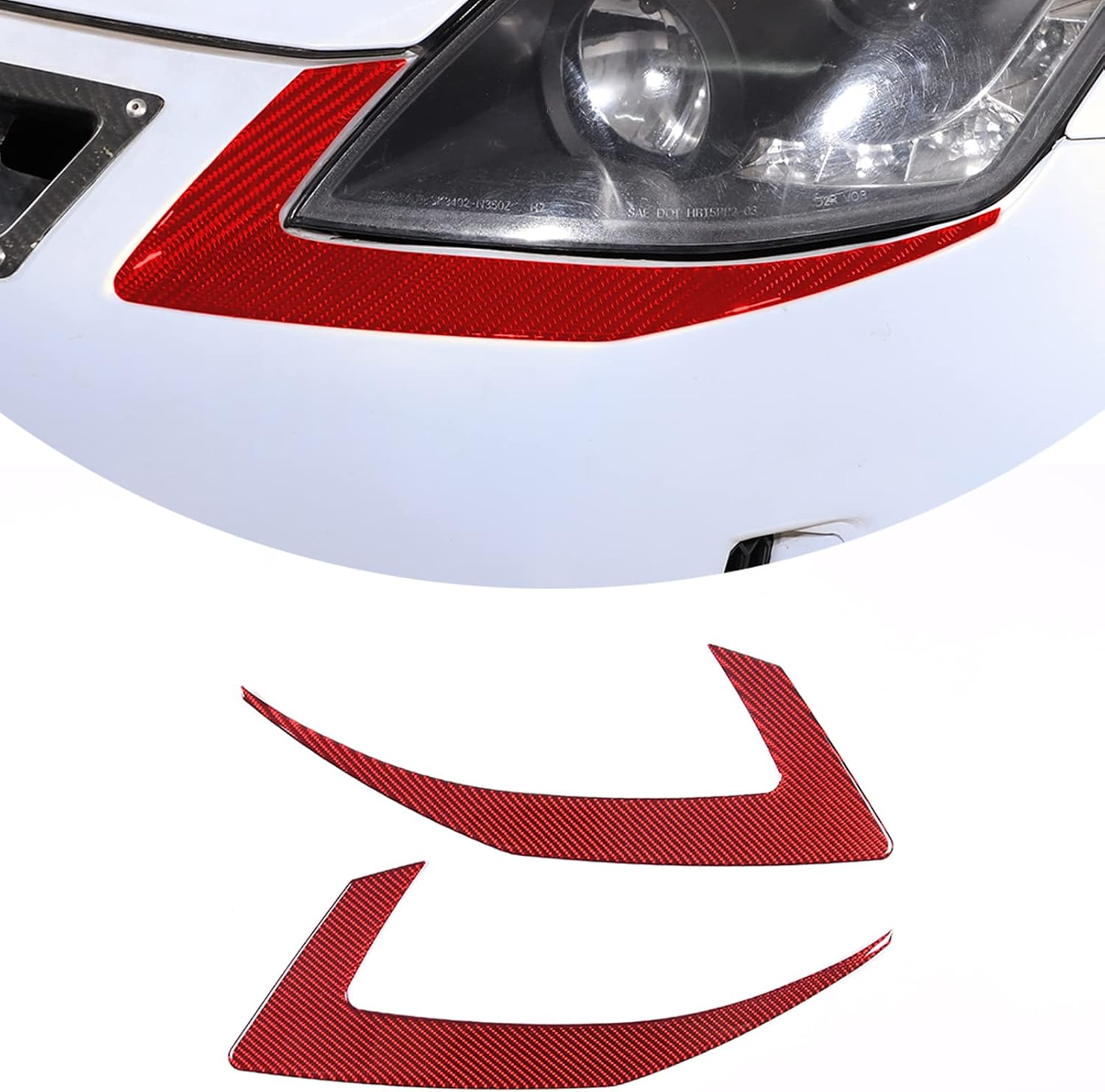 Soft Carbon Fiber Rear Side Fender Headlight Header Sticker,Air Inlet Side Sticker,A-pillar Triangle Decorative Sticker for Nissan 350Z 2003 2004 2005 2006 (Front Headlight Brow Sticker,B, Red Carbon Fiber)