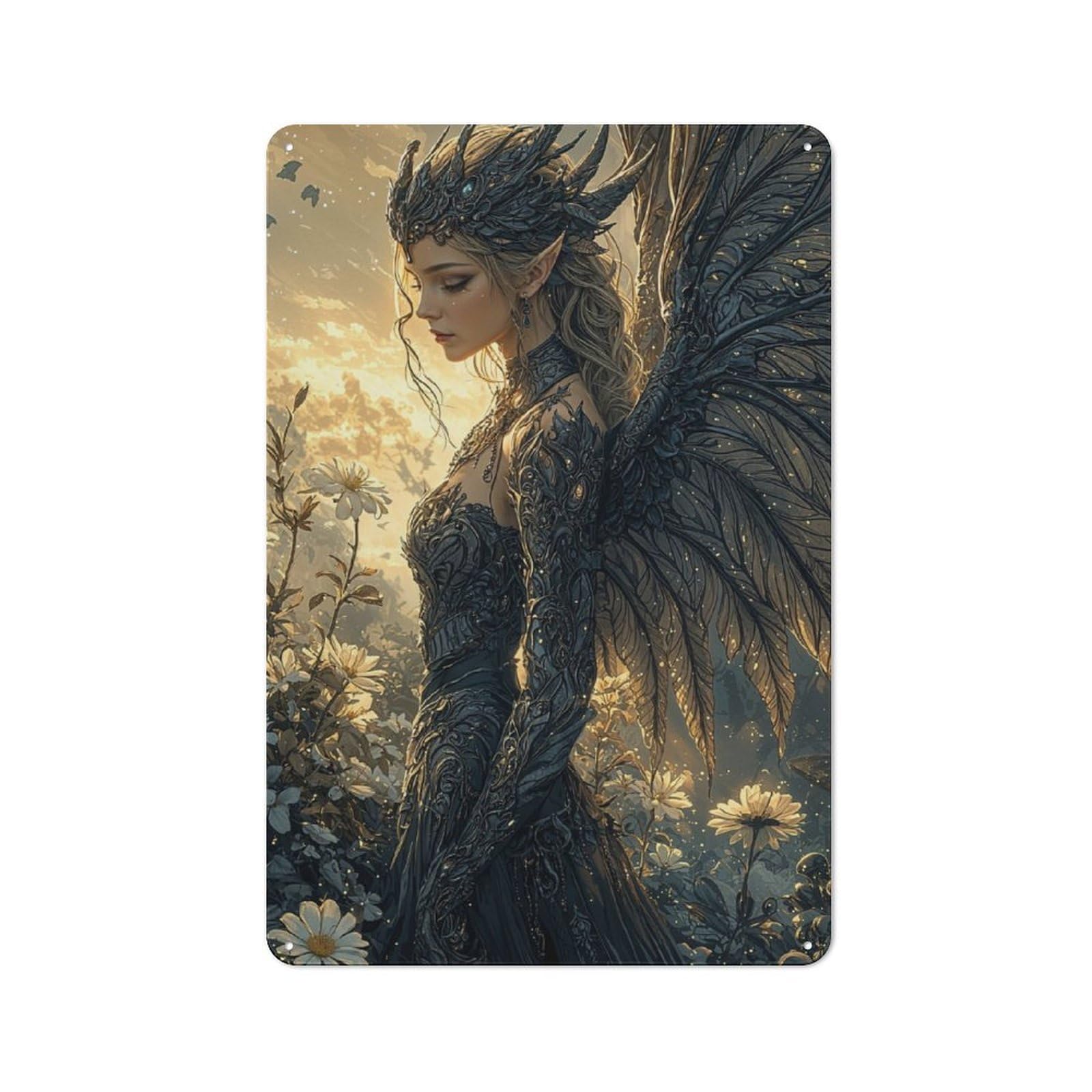 Junmoney Style-13 Fantasy Angel Wings Dress Printed Metal Sign 30X20cm For Lounge Or Reading Corner, For Vintage Wall Decor Fans, For Themed Room Decoration