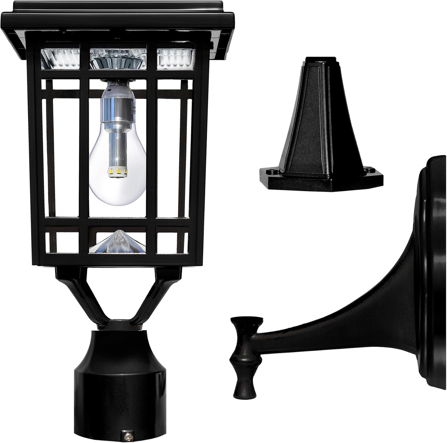 Gama Sonic Prairie Bulb Lamp Outdoor Solar Light Fixture, Pole,Pier, & Wall Mount, Solar Lights Outdoor, Black, 114B033