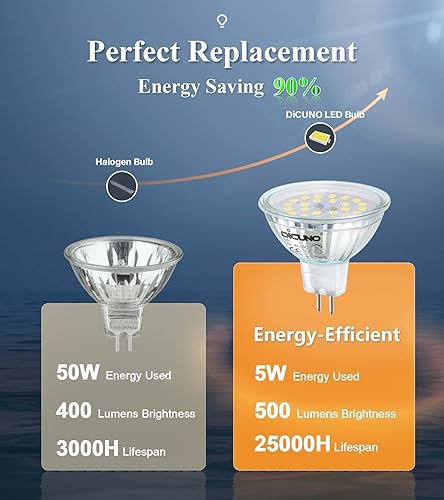 Miniatura 4 de DiCUNO Bombilla LED GU5.3, bombilla no regulable MR16 de 12 V, luz blanca diurna 6000 K, 500 lm, bombilla de 5 W, bombilla halógena de 50 W de