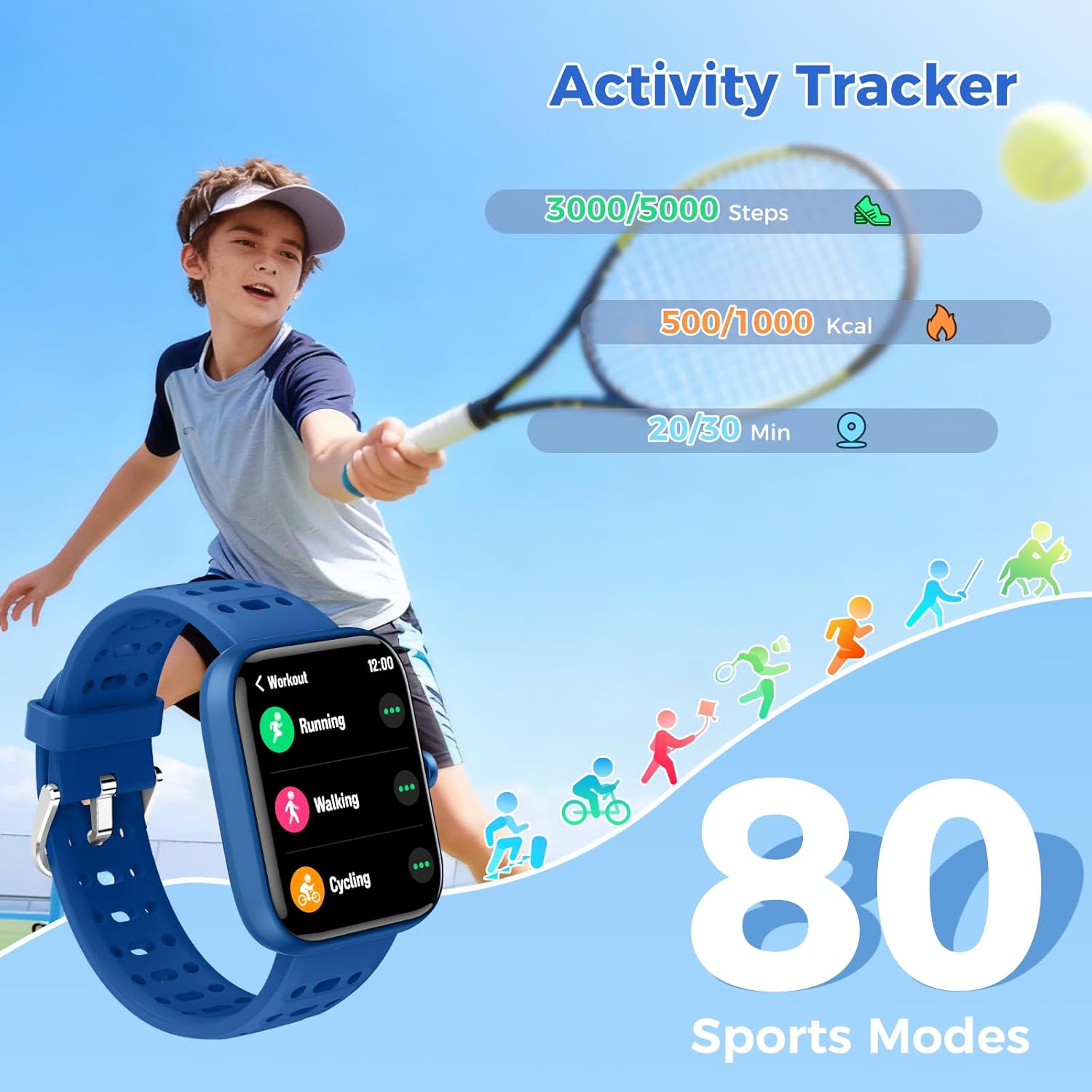 ENOMIR [2026 New Smart Watch for Kids - No APP No Phone Needed, 1.83" Fitness Tracker Watch for Kids with Sleep Monitor, Heart Rate, Step Counter, IP68 Waterproof (Blue, 1.83Inches)