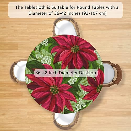 Miniatura 2 de Mantel redondo ajustado con flores de Pascua de Navidad con borde elástico, lavable, protector de mesa para comedor, cocina, picnic, fiesta, ajuste