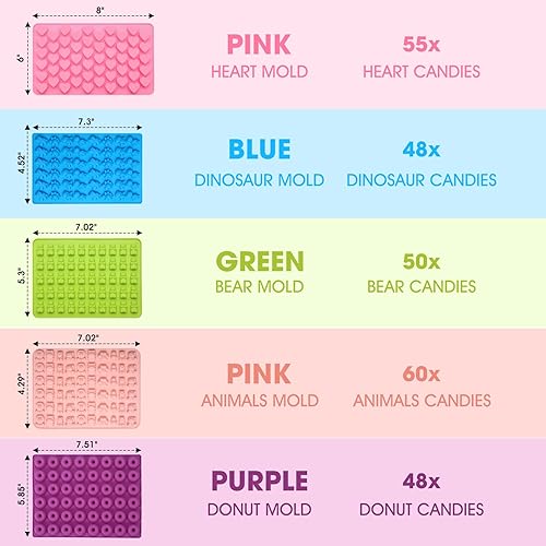 Miniatura 2 de Kit de moldes de silicona para gomitas de Halloween, 5 unidades, crea 13 formas para más de 261 caramelos (dinosaurio, dona, oso, corazón, animal)