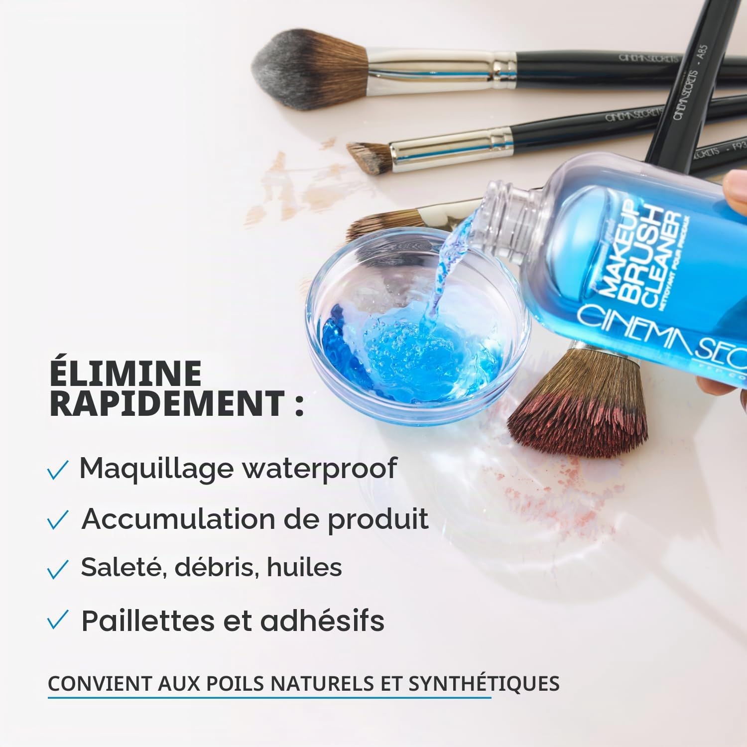 Cinema Secrets Original Blue Vanilla Solution nettoyante pour pinceaux de maquillage – Nettoyant professionnel pour pinceaux de maquillage – Séchage rapide, formule sans rinçage – Élimine le