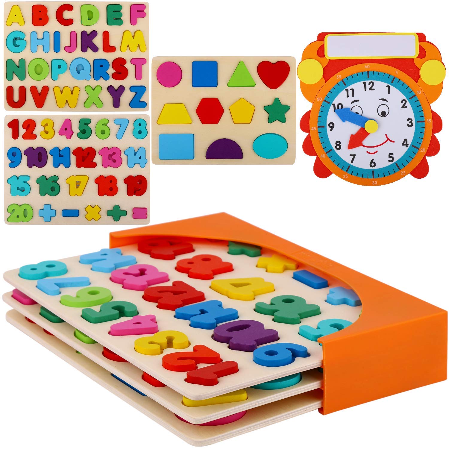 Wooden Toddler Puzzles and Rack Set (3 Pack) Bundle with Storage