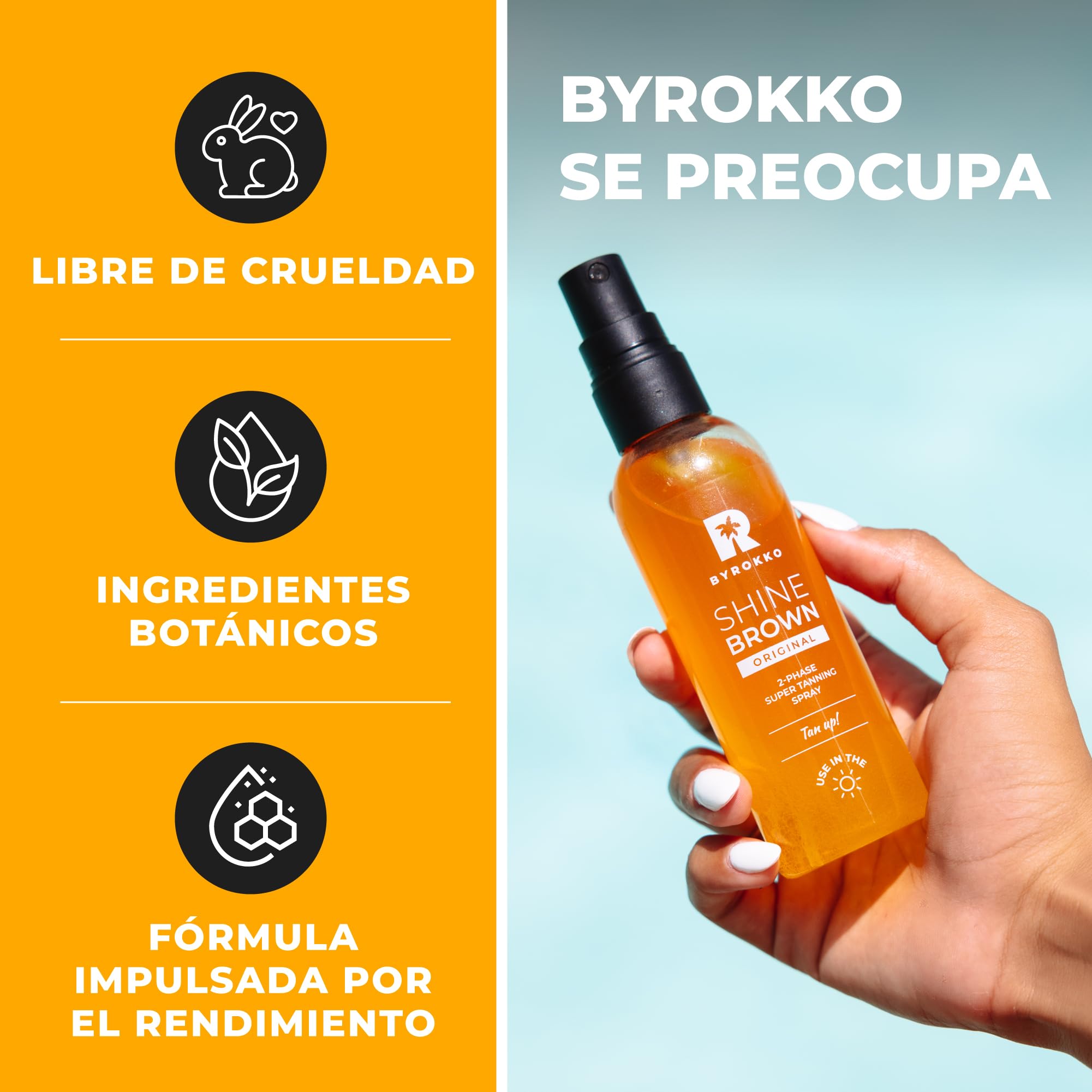 BYROKKO Shine Brown Spray Superbronceador Bifásico (100 ml), Eficaz en Solárium y al Sol, con Aceites Naturales y Ácido Hialurónico para un Bronceado más Intenso, con aroma a Mango soleado