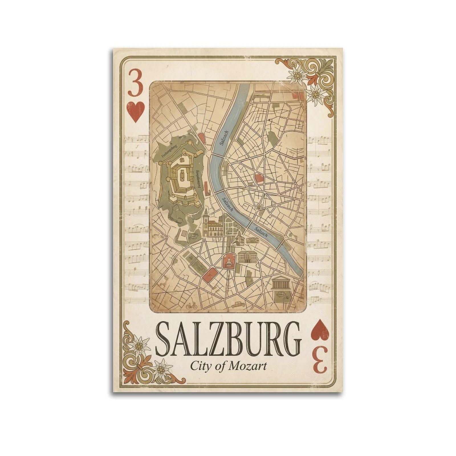OKNGB Vintage City Map Poster Salzburg Mozart City Austria Playing Card Style Decorative Painting Canvas Art Picture 20x30inch(50x75cm)