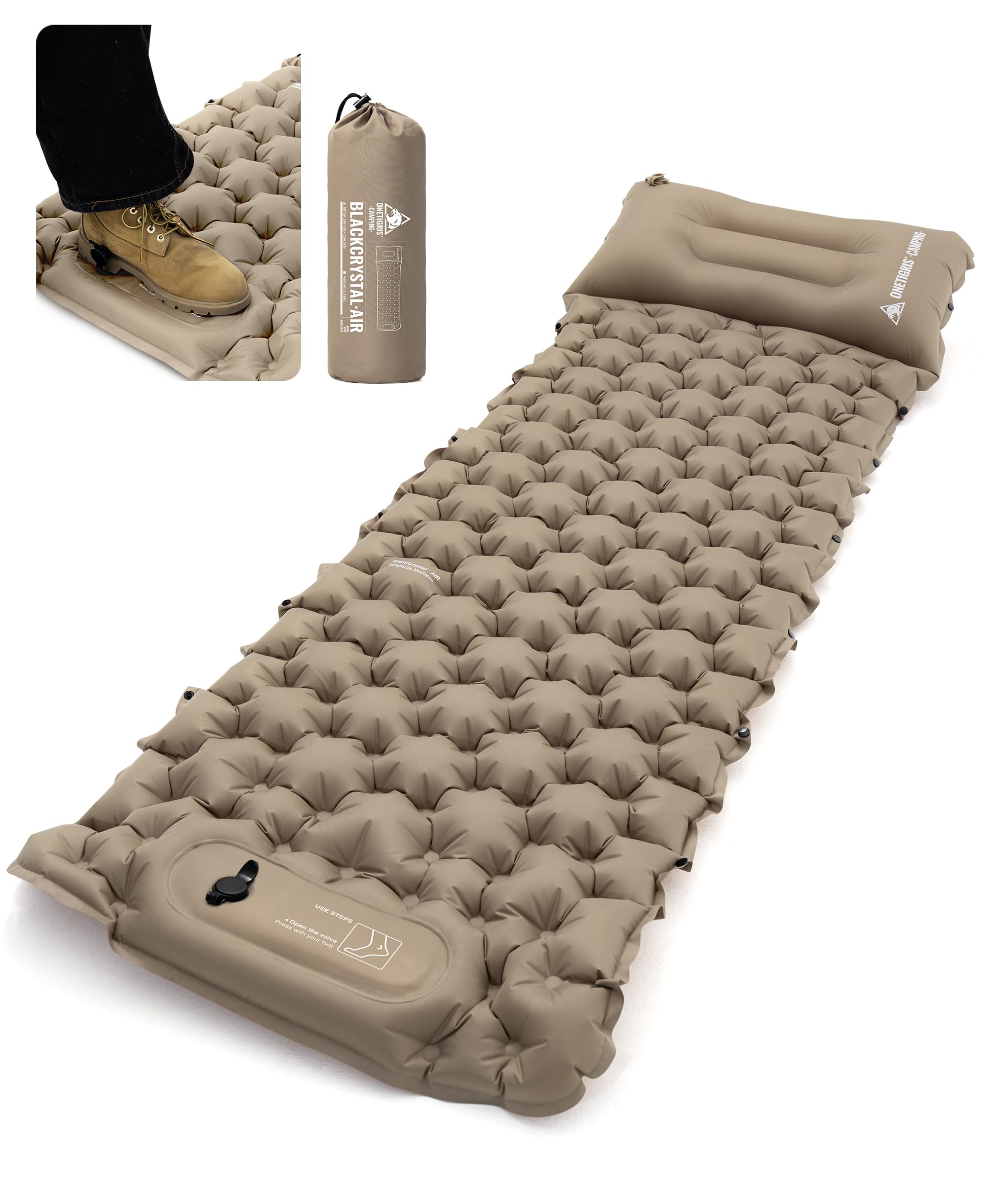 OneTigris Blackcrystal Colchoneta autoinflable ultraligera, colchón hinchable para camping con almohada, colchón de aire compacto para camping y senderismo (marrón coyote)