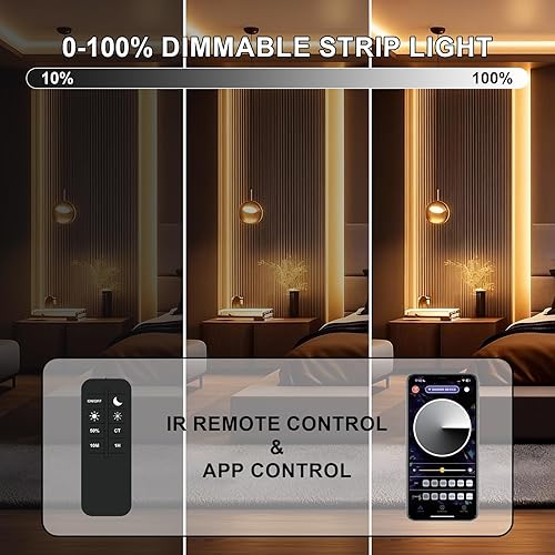 Miniatura 5 de COB - Tira de luz LED de 3000 K, 40 pies/39.4 ft, tira LED blanca cálida regulable de alto lumen con control remoto IR de 24 V, adaptador