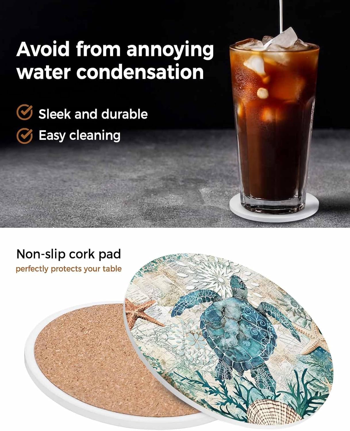 Drink Coasters Sea Turtle Ocean Animal Absorbent Stone Ceramic Coaster with Cork Back and NO Holder for Cups, Set of (8-Pieces)