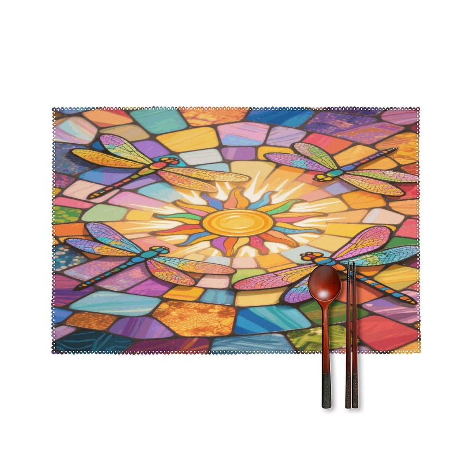 Stained Glass Dragonfly Placemats Set of 6 Non-Slip Stain Resistant Indoor Outdoor Table Mat Washable Cloth Place Mat Fashion Kitchen Placemat for Dining Table Decoration 17.7x11.8 in