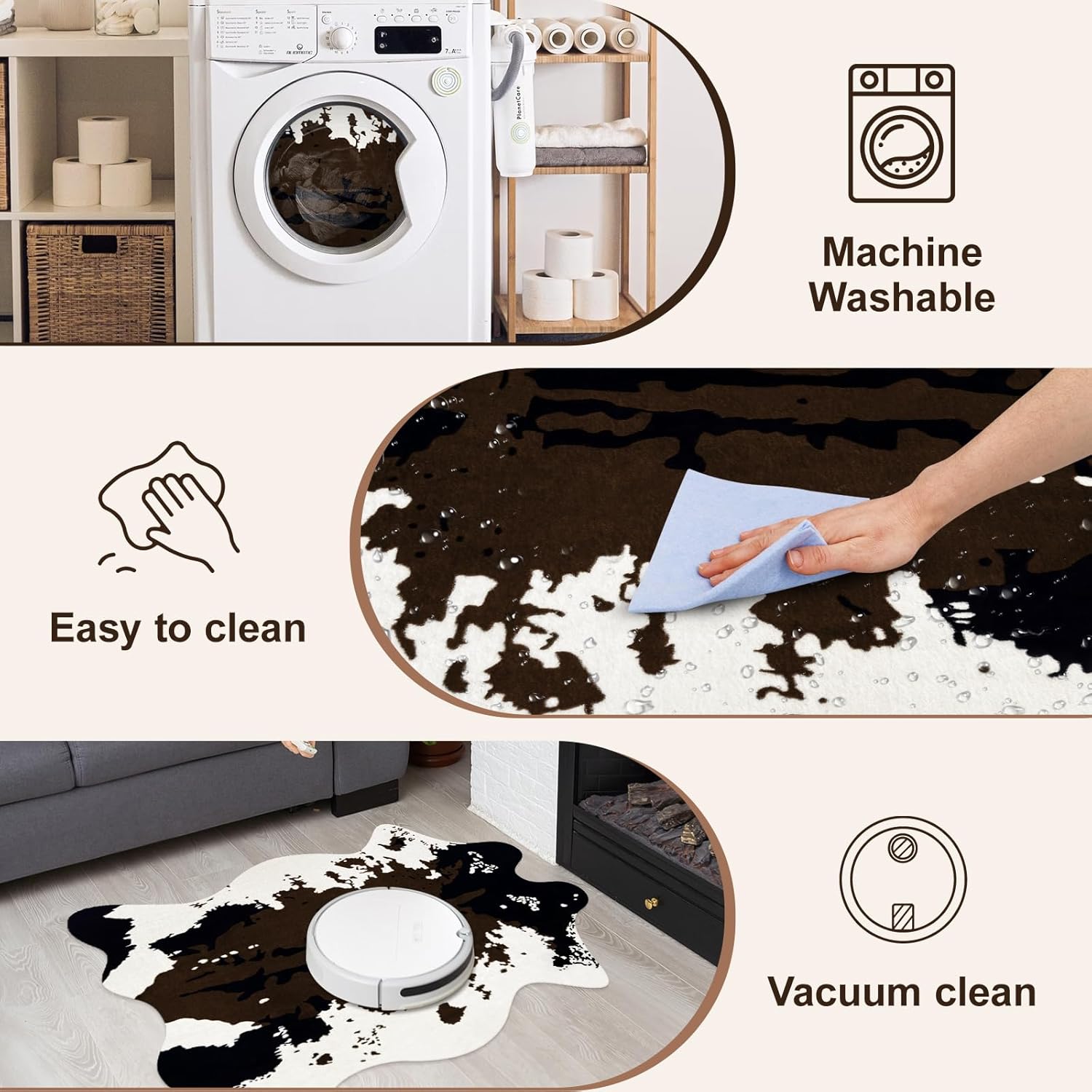 Faux Cowhide Rug - 2.5 x 3.2 ft Animal Print Area Rugs Washable Cow Hide Carpet for Bedroom Living Room Home Office Western Decor, Black and Brown