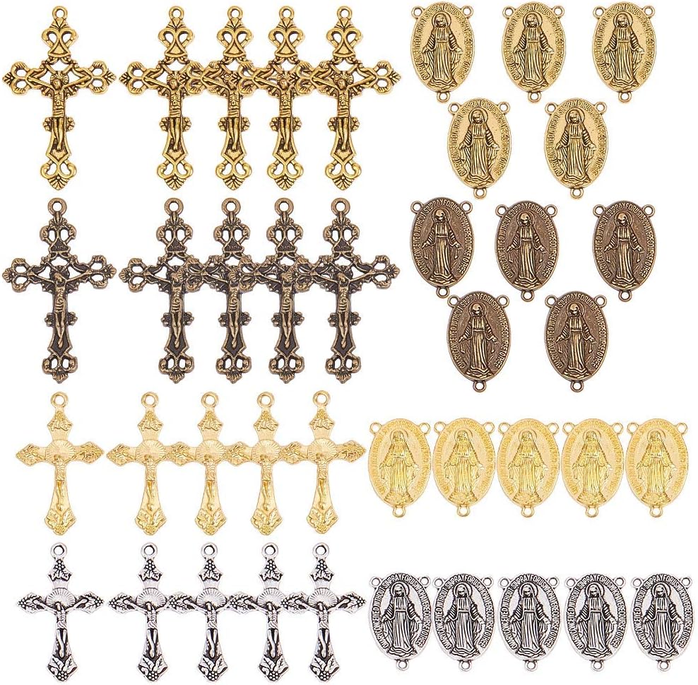 SUNNYCLUE Tibetan Style Rosary Cross Charms and Center Miraculous Medal Easter Vintage Cross Crucifix Pendants Oval Chandelier Links Bronze Connector Charm for Rosary Bead Necklace Making Supplies