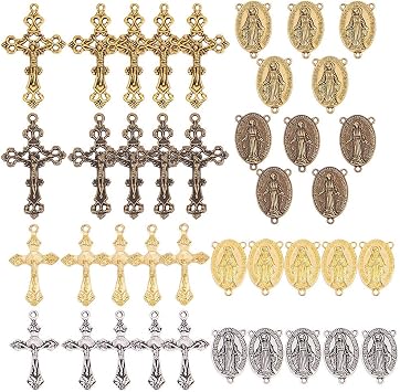 SUNNYCLUE Tibetan Style Rosary Cross Charms and Center Miraculous Medal Easter Vintage Cross Crucifix Pendants Oval Chandelier Links Bronze Connector Charm for Rosary Bead Necklace Making Supplies