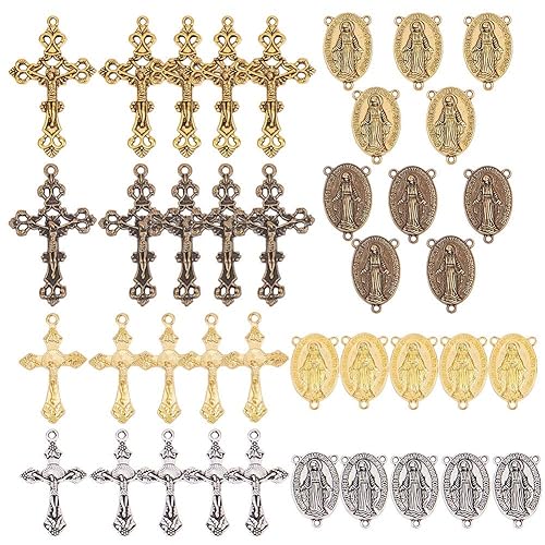 SUNNYCLUE Tibetan Style Rosary Cross Charms and Center Miraculous Medal Easter Vintage Cross Crucifix Pendants Oval Chandelier Links Bronze Connector Charm for Rosary Bead Necklace Making Supplies