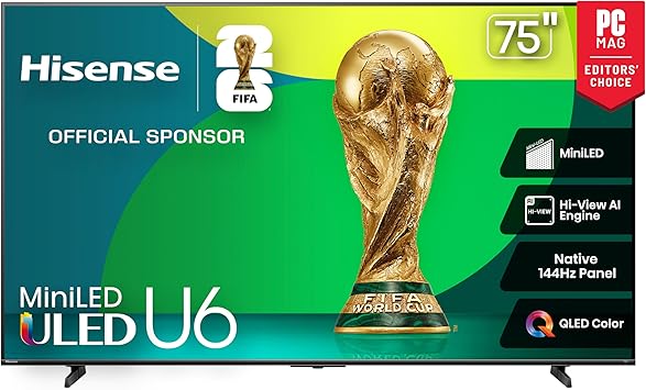Hisense 75" Class U6 Series Mini-LED 4K UHD Smart Fire TV 75U65QF, 2025 Model - QLED, HDR10+, Native 144Hz, Dolby Vision IQ, Dolby Atmos, Game Mode Pro, ALLM, Alexa Built in, Black