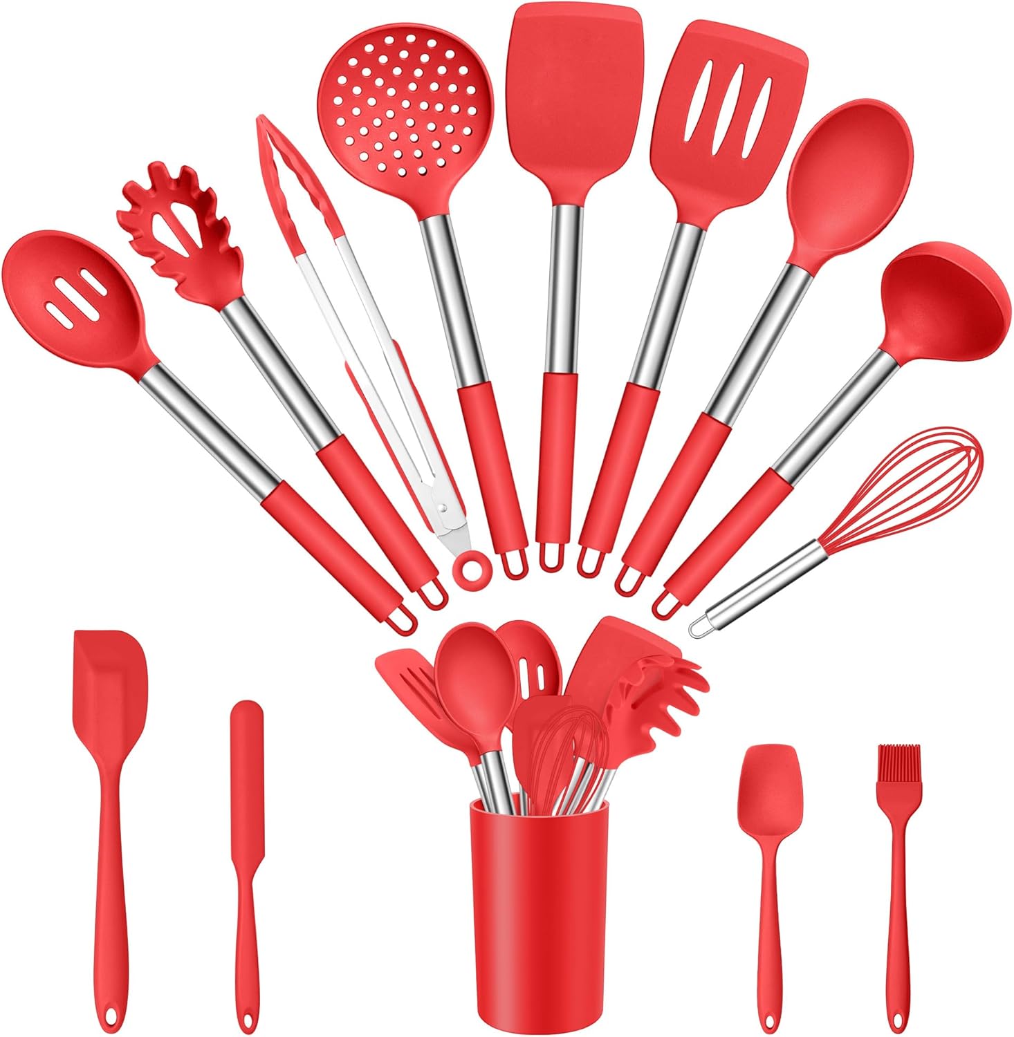 E-far 14 Pieces Silicone Cooking Utensils Set, Kitchen Utensils Set with Holder, Spatula, Ladle, Spoon, Tong, Slotted Turner for Nonstick Cookware, 446°F Heat Resistant & Stainless Steel Handle, Red E-far 14 Pieces Silicone Cooking Utensils Set, Kitchen Utensils Set with Holder, Spatula, Ladle, Spoon, Tong, Slotted Turner for Nonstick Cookware, 446°F Heat Resistant & Stainless Steel Handle, Red