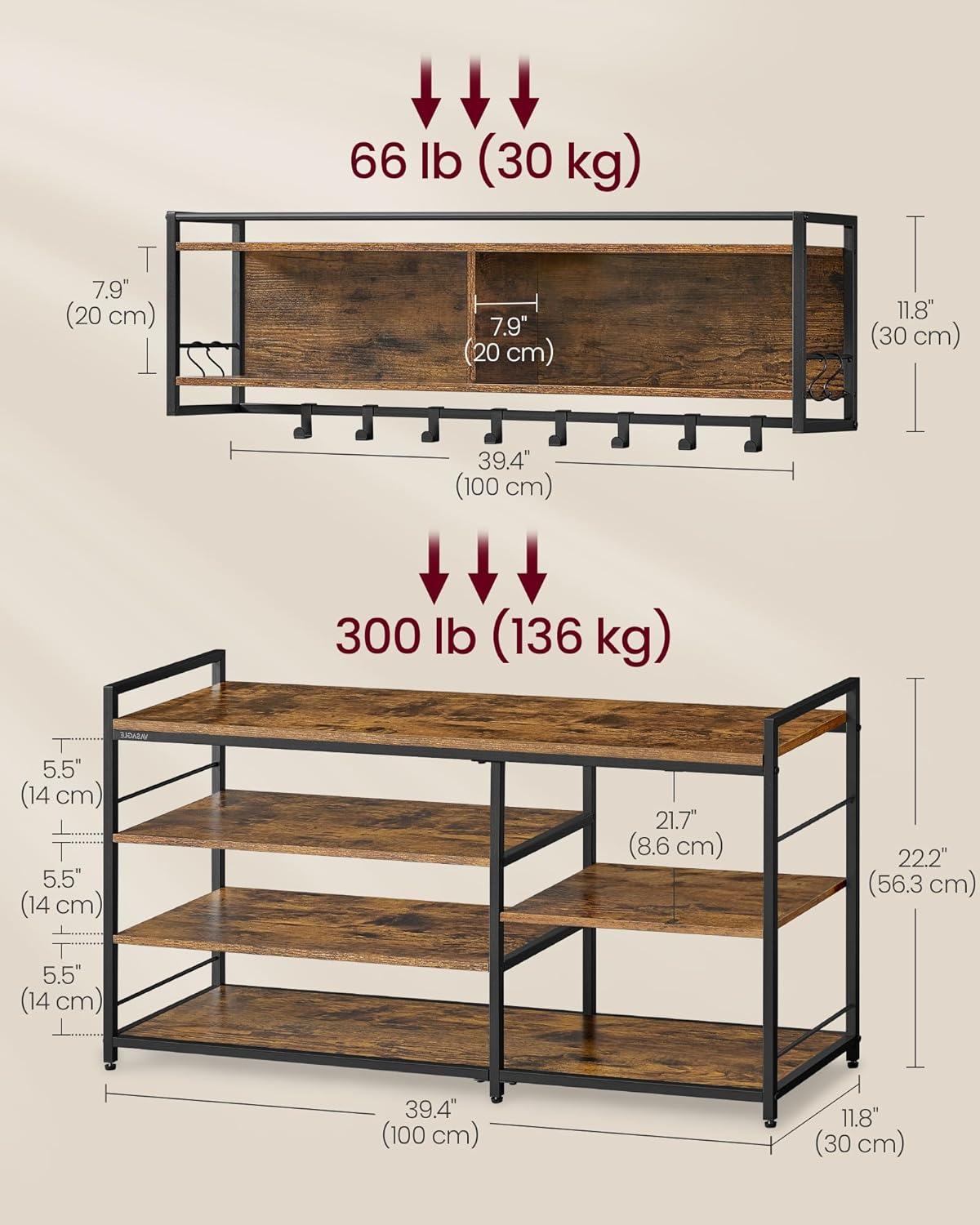 VASAGLE Hall Tree with Shoe Bench, Coat Rack Shoe Bench Set, Entryway Furniture, Multifunctional, 12 Metal Hooks, 4-Tier Shoe Rack, for Entryway, Bedroom, Rustic Brown ULSB108K01 Rustic Brown 39.4"W x 22.2"H image 4 of 7 B0DJ9CJN1N