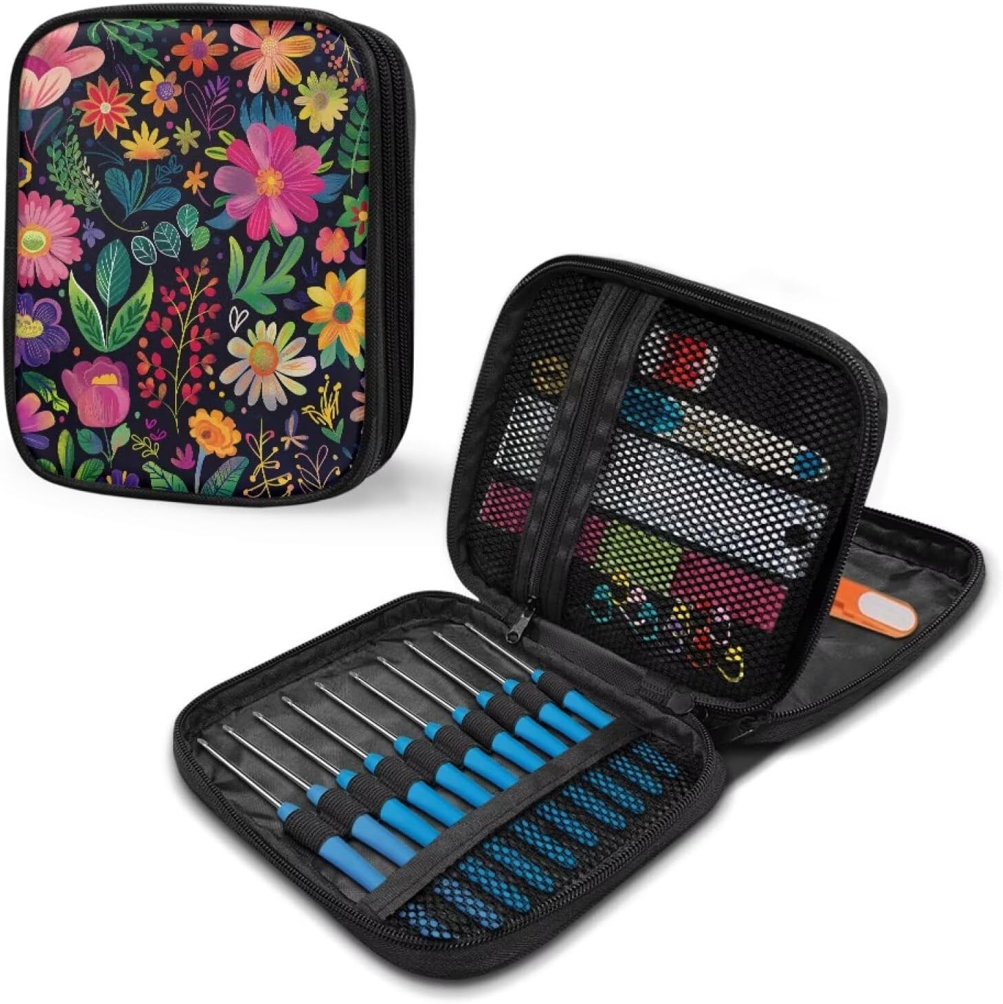 Fuxowvby Floral Crochet Hook Case with Web Pockets Travel Knitting Needle Case Zipper Crochet Bag Organizer for Knitting Accessories