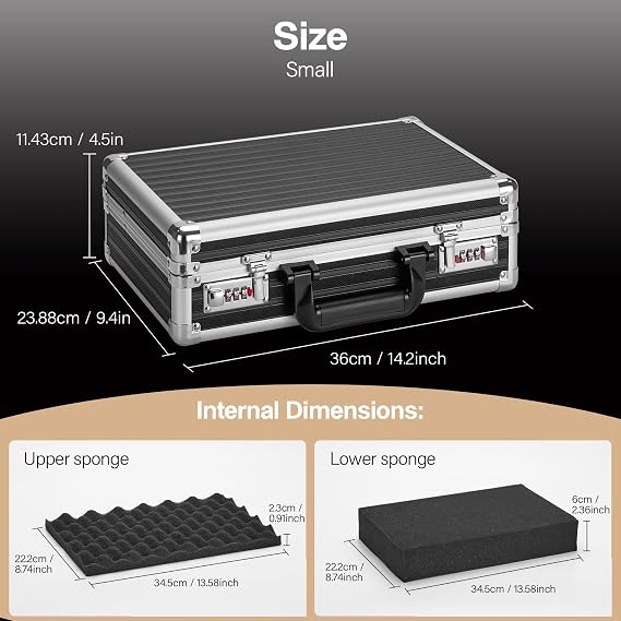 Storage Lock Box - 14.2 x 9.4 x 4.5 Inch, Portable Briefcase, Aluminum Flight Case with Padded Foam, Lockable Protective Storage Box for Personal Items, Valuables, Tools - Black