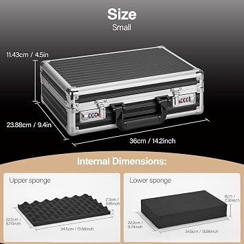 Storage Lock Box - 14.2 x 9.4 x 4.5 Inch, Portable Briefcase, Aluminum Flight Case with Padded Foam, Lockable Protective Storage Box for Personal Items, Valuables, Tools - Black