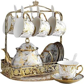 20 Pcs Vintage Porcelain Tea Set with Metal Holder with Metal Holder Gold Plated Saucer European Ceramic Tea Set, Gold Flower Cup for Women,Serving 6 People Delicate Style Butterfly Style