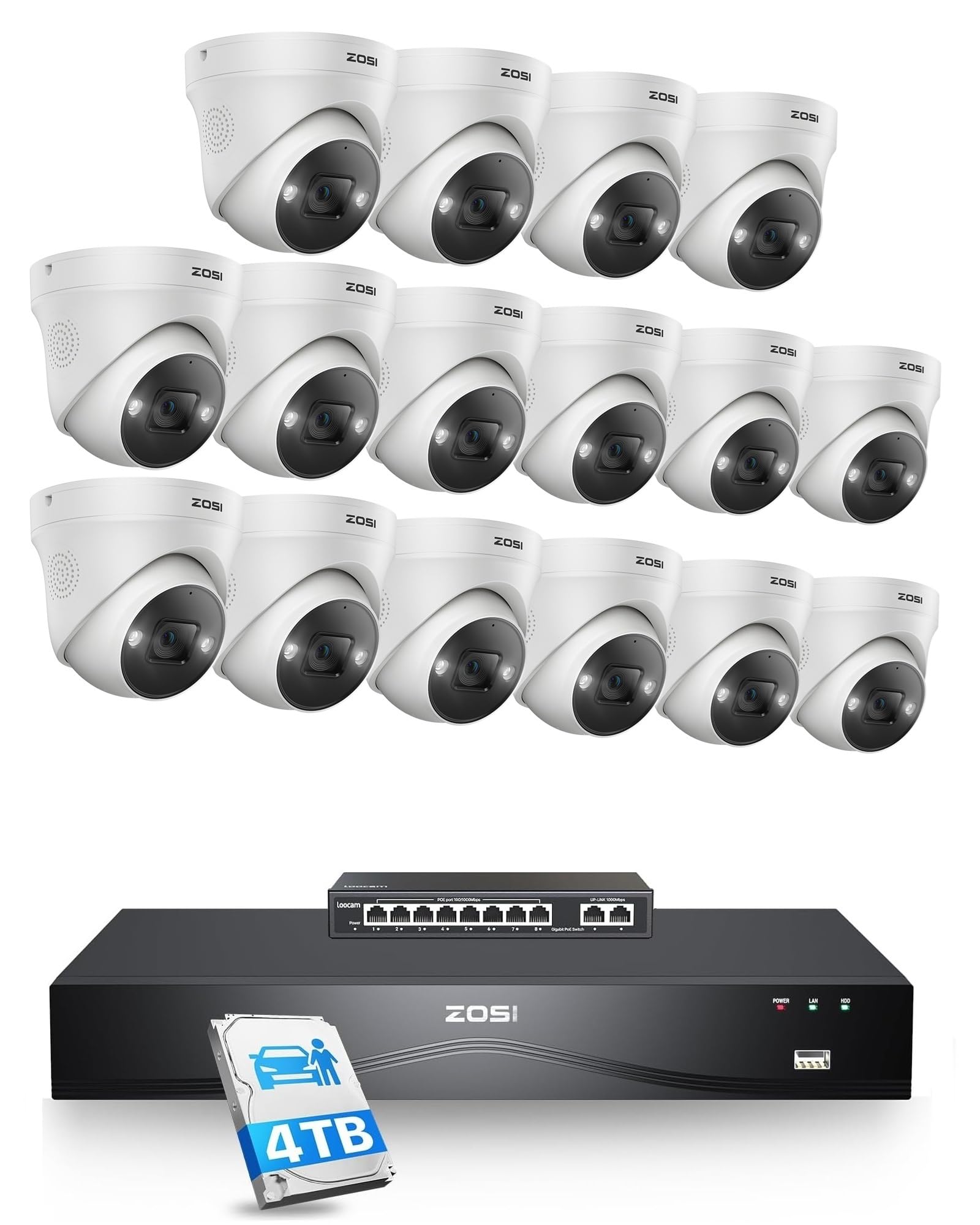 ZOSI 4K 8MP Kit Telecamere di Sorveglianza per Esterni con Switch di Rete a 8 Porte, 16 Telecamere PoE e NVR a 16 Canali da 4 TB, Riconoscimento di Persone/Veicoli tramite AI, Audio Bidirezionale