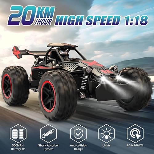 Miniatura 2 de ACAMMZAR Auto de control remoto, 118 de alta velocidad RC para niños, 20 KMH Monster RC Truck todoterreno con luces juguetes para niños, rojo