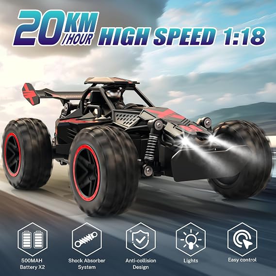 ACAMMZAR Remote Control Car, 1:18 High Speed RC Car for Kids, 20KM/H Monster RC Truck Off Road with Lights Toys for Boys, Red