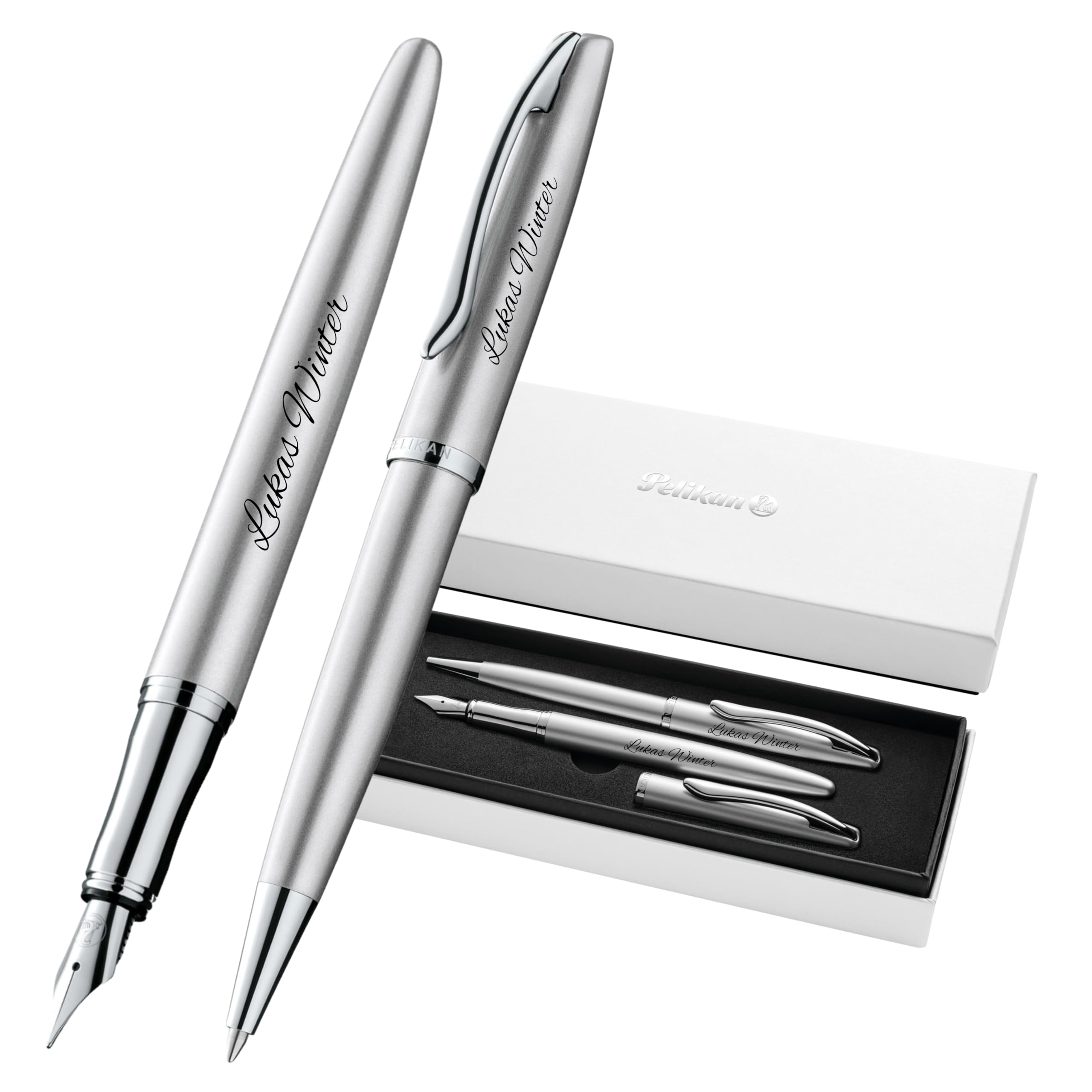 Pelikan Bolígrafo y pluma estilográfica Jazz® Noble Elegance con regalo grabado, bolígrafos únicos con nombre, regalos personalizados, pluma estilográfica personalizada K/P36 (plateada)