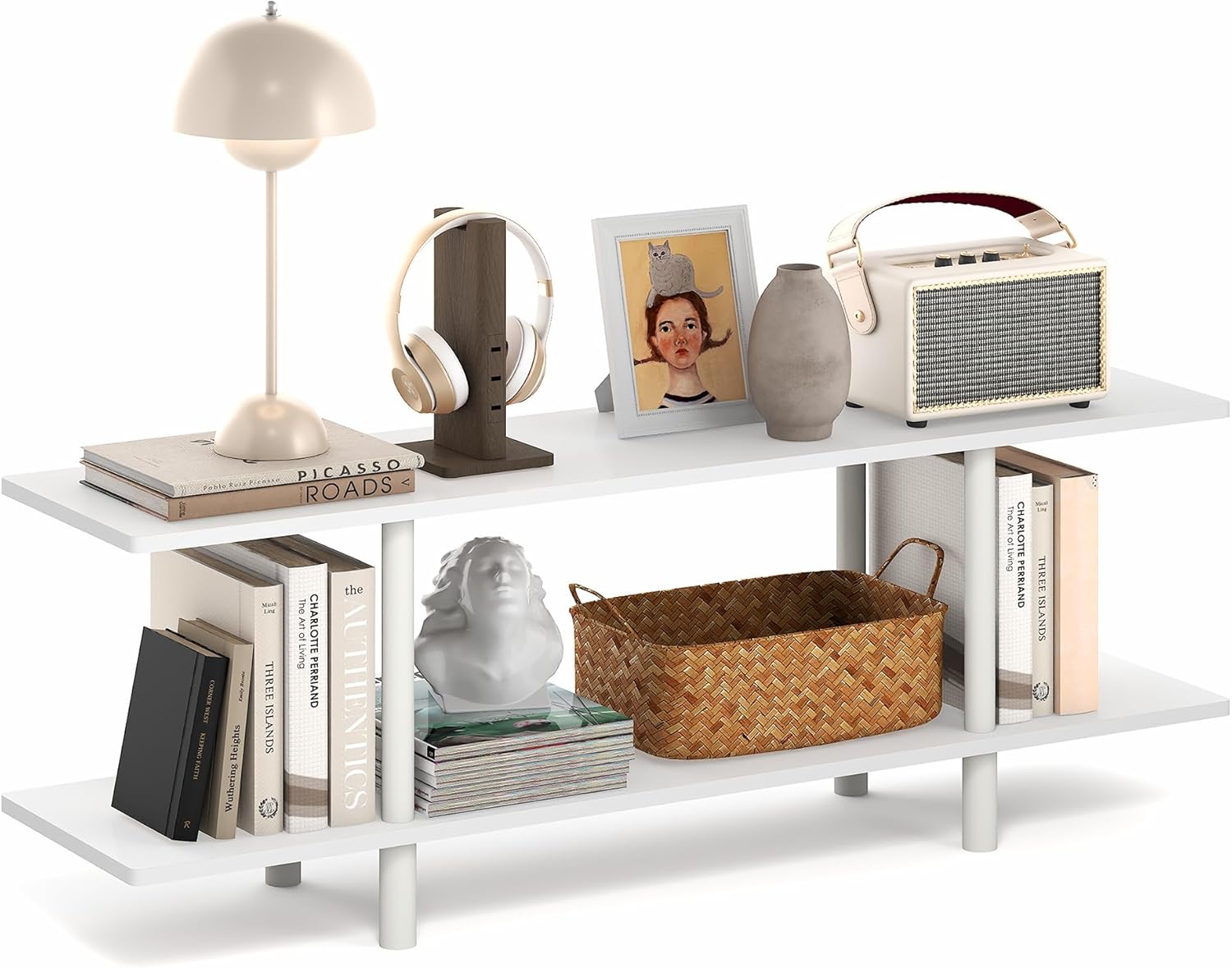Furinno Turn-N-Tube Storage Shelves, 2-Tier 47.2" Book Shelf, Accent Display Shelf, Toolless Open Shelves, Round Tubes, for Organization and Storage, Living Room, Garage, Home Office, White