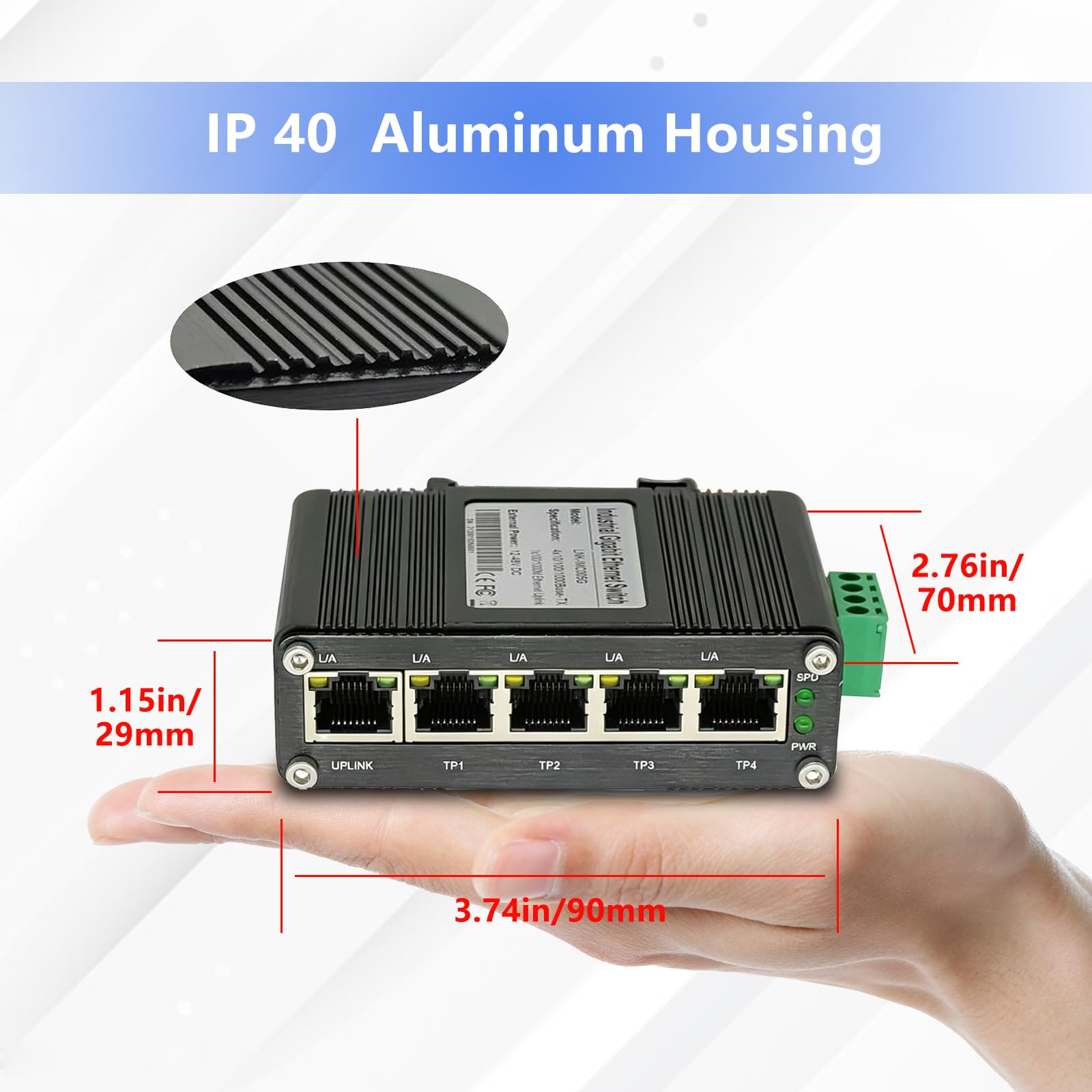 Mini switch industriale temprato Gigabit Ethernet a 5 porte, 10/100/1000 Mbps, montaggio su guida DIN e parete, da -40 a 167 F, capacità di commutazione 10 Gbps