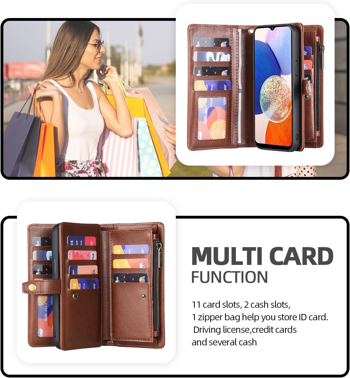 Asuwish Phone Case for Samsung Galaxy A14/M14 5G Zipper Wallet Detachable Cover with Screen Protector and Card Holder Slot Wrist Strap Cell Accessories Protective A 14 4G 14A 14M G5 SM Women Men Brown
