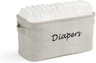Baskets for Organizing Diapers and Newborn Essentials, Baby Diaper Caddy Organizer, Embroidered Baby Shower Gifts for Moms, Linen Basket with Handle, 12 x 6 x 6 Inches, Grey