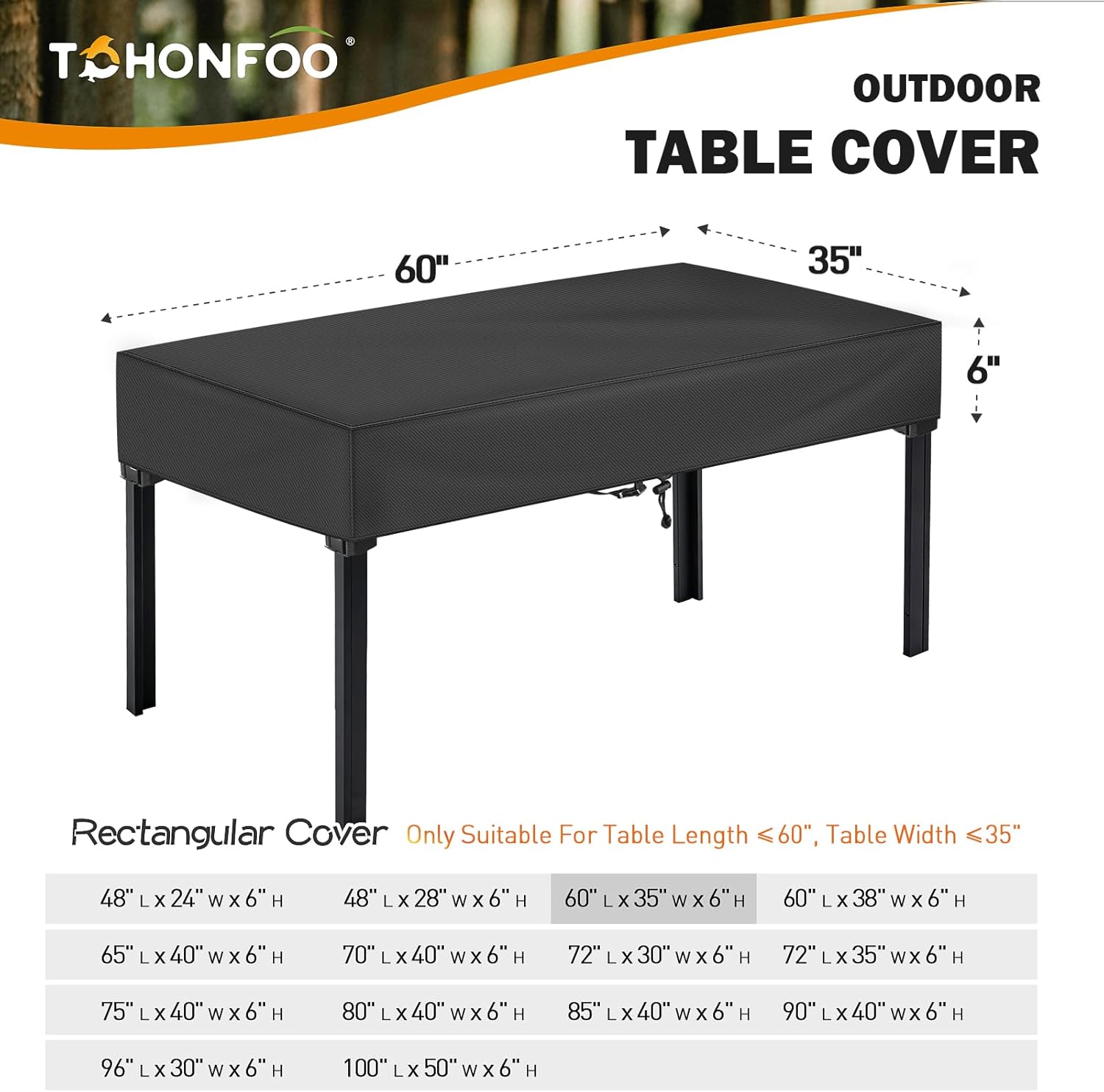TOHONFOO Outdoor Dining Table Cover - Waterproof Anti-UV Patio Table Cover - Outdoor Table Cover 60" L x 35" W x 6" H