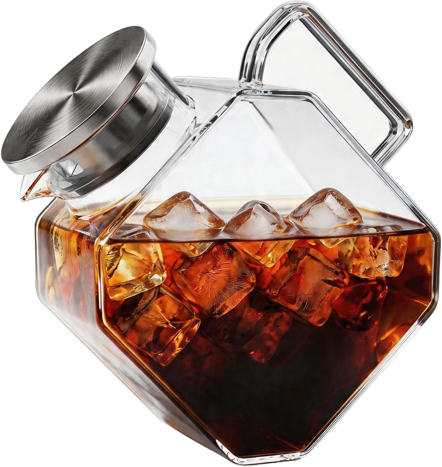 KYZ Glass Water Pitcher, 54 oz Elegant Clear Geometric Glass Carafe with Stainless Steel Strainer, Ideal for Iced Tea, Cold Brew Coffee and Daily Beverage, Fits in Refrigerator Side Door