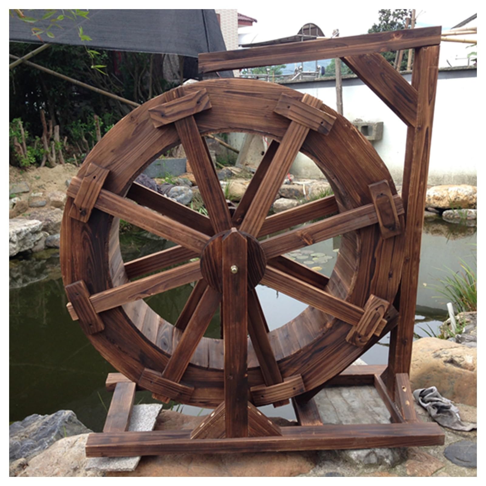 Fuente de madera con rueda de agua, fuente independiente para estanque para decoración de jardín y patio, adorno de micropaisaje