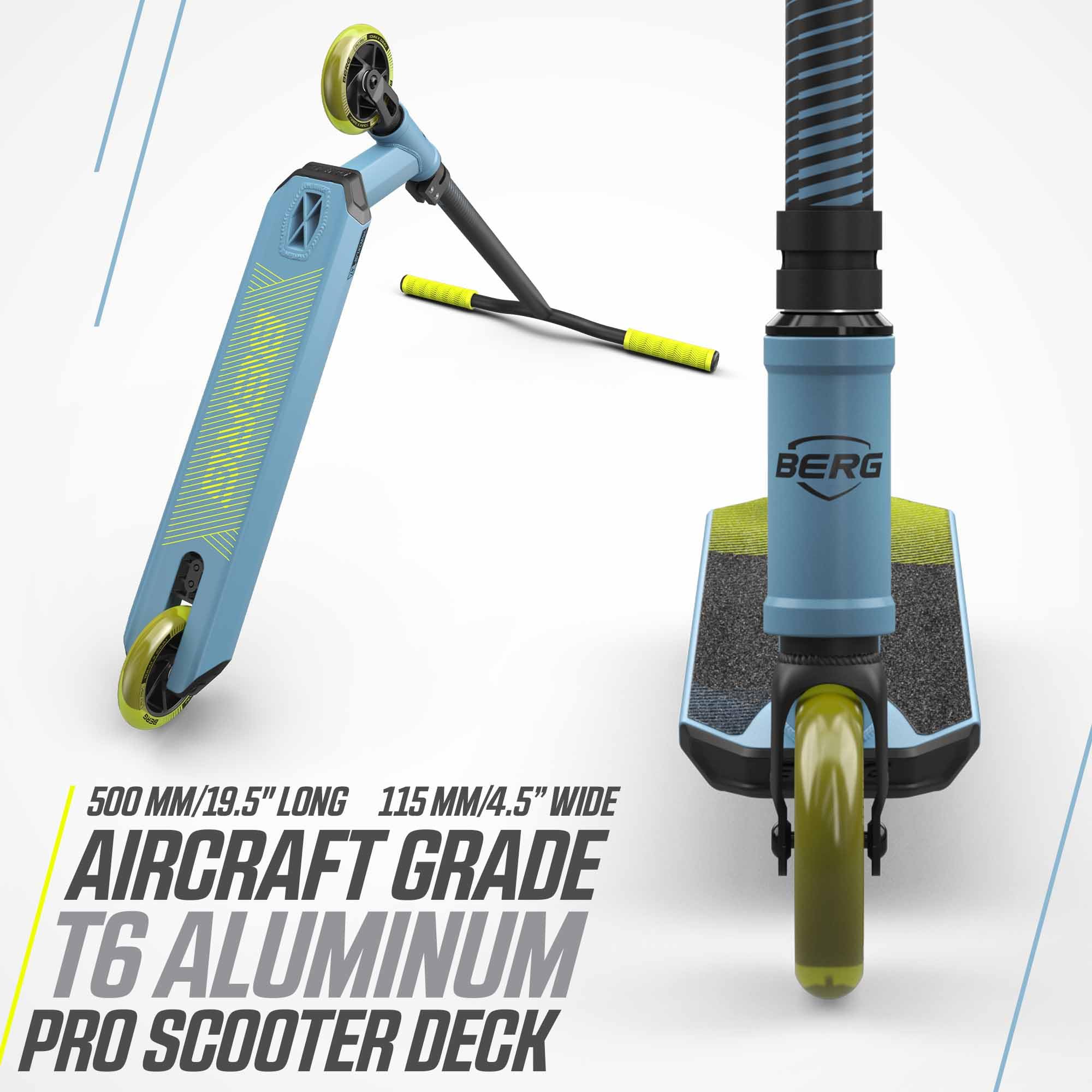 BERG Proxus X1 Monopattino per bambini | Freestyle Scooter per skatepark e strada | ponte in alluminio 500 mm | ruote da 110 mm | cuscinetti ABEC 9 | Compressione IHC | Leggero e stabile (blu)