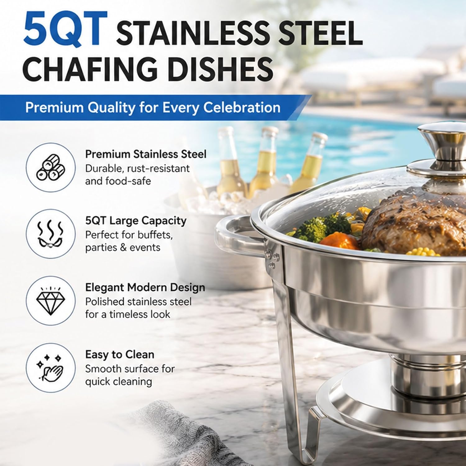 2 Pack 5QT Chafing Dish Buffet Set, 304 Stainless Steel Round Food Warmers with Lids, Water Pans, Folding Stands and Fuel Holders for Parties, Catering and Weddings